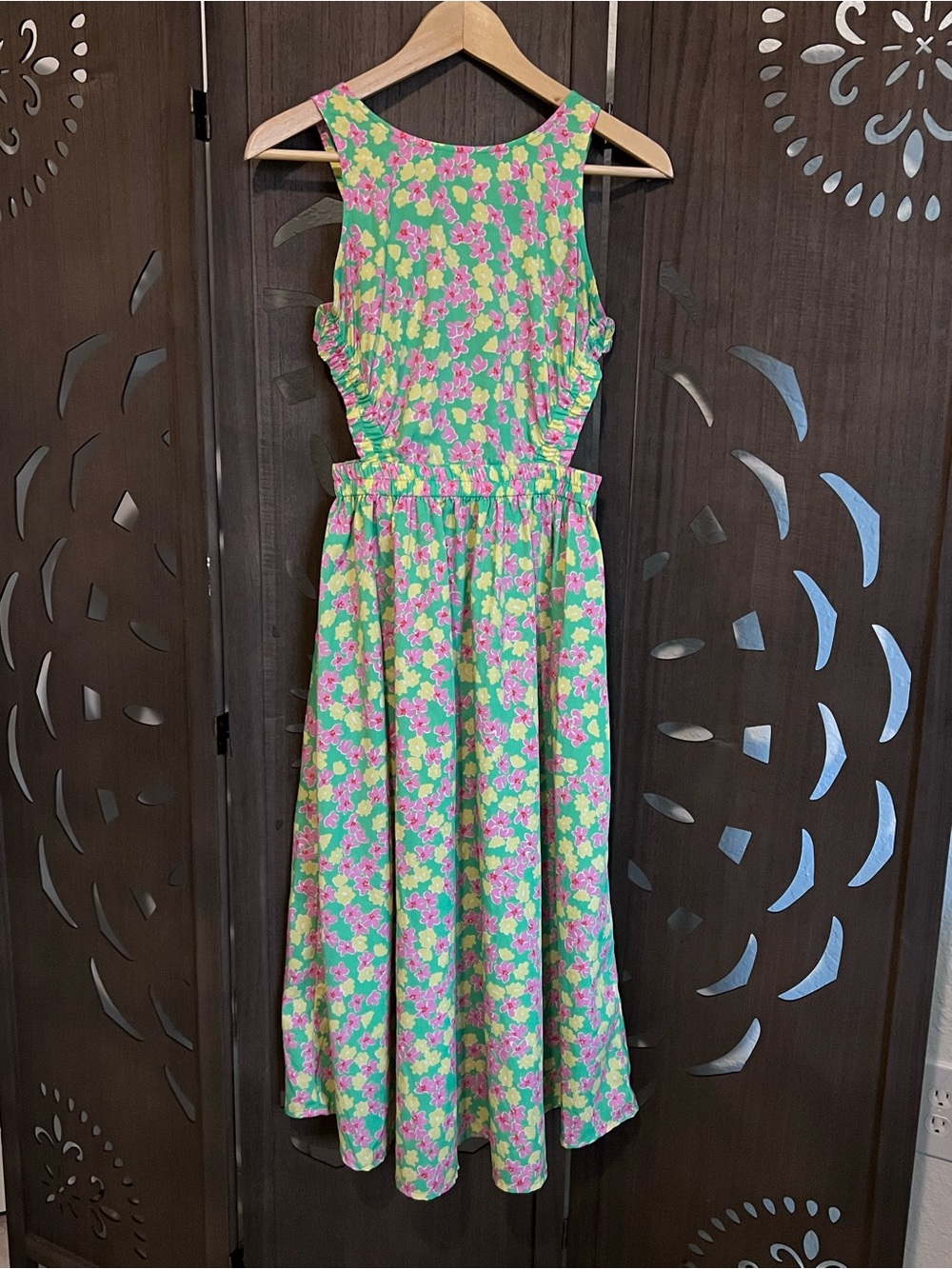 Green Floral Maxi Dress with Pink Accents